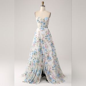 Floral Strapless Corset Ball Gown Dress in White and Blue- NEVER BEEN WORN